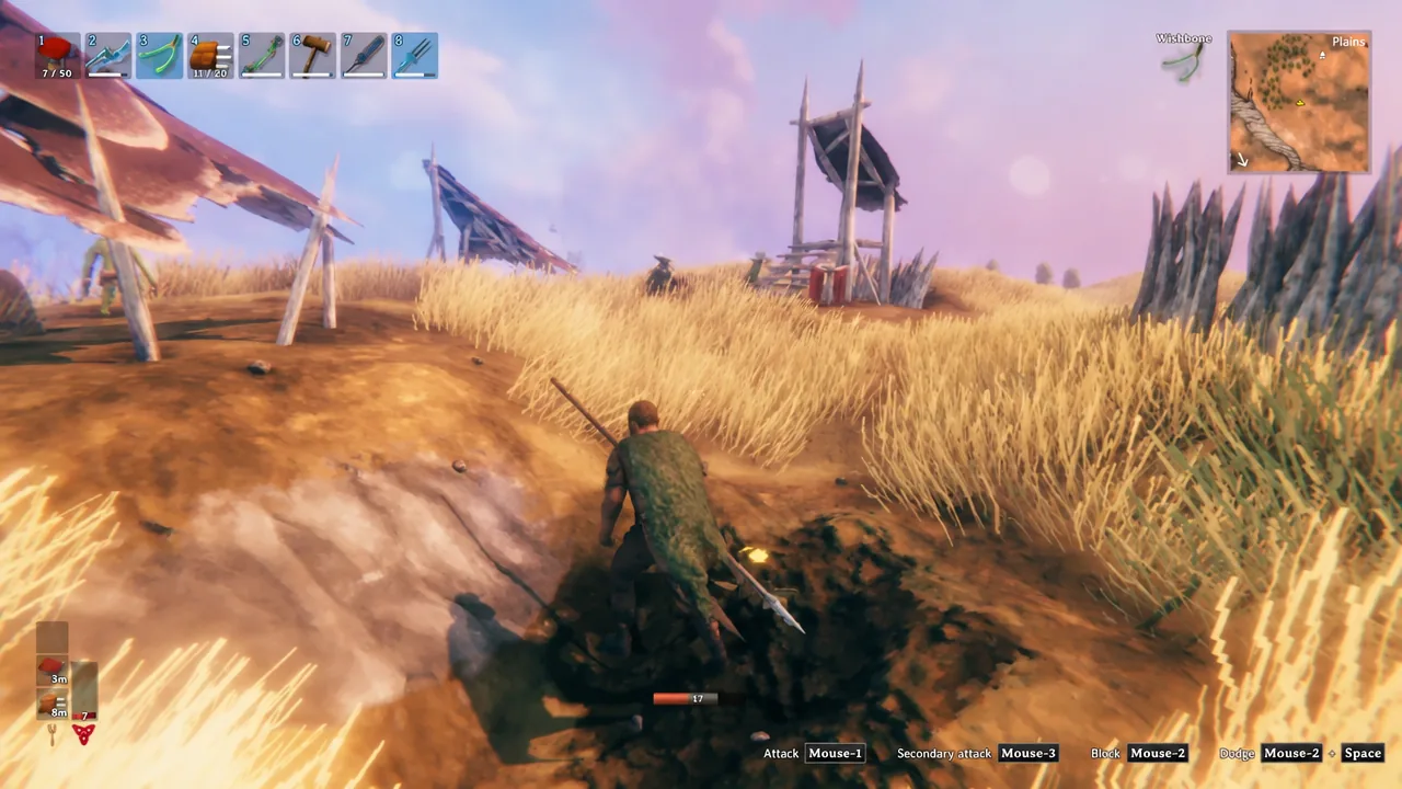 A Viking fights a Fuling with a spear inside a Plains village, with the Fuling map marker visible