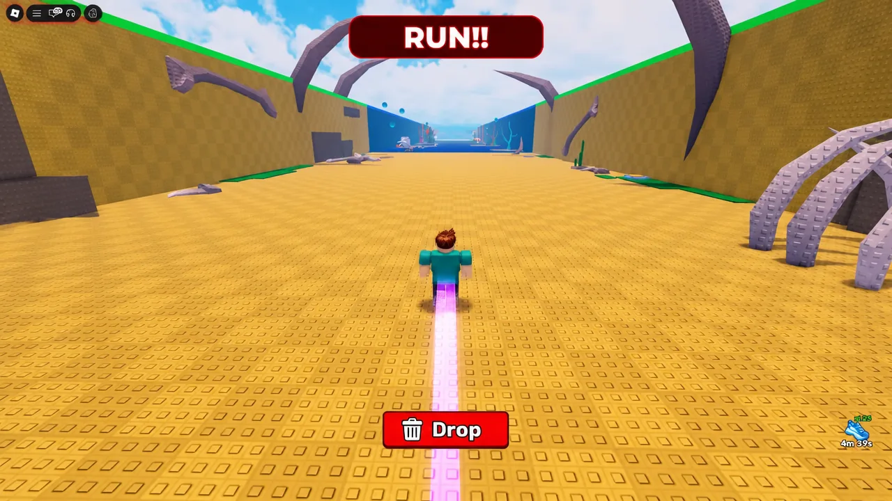 Mid-run gameplay with the character sprinting forward and the red Drop button visible