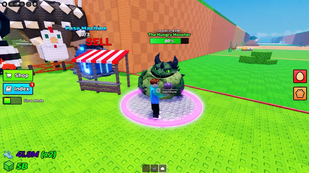 Feed Parasite prompt showing at the Hungry Monster beside the Fuse Machine sell stall