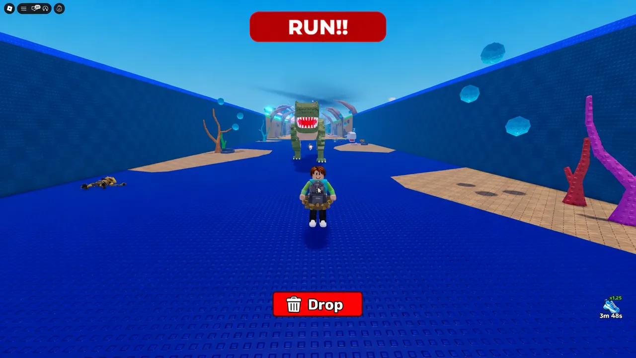 RUN!! prompt and Drop button on screen while escaping with a stolen egg in Steal an Egg
