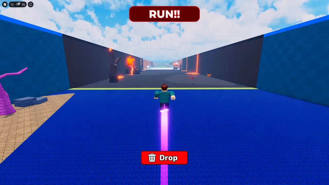 Player sprinting toward the obstacle course with the Drop button highlighted on screen