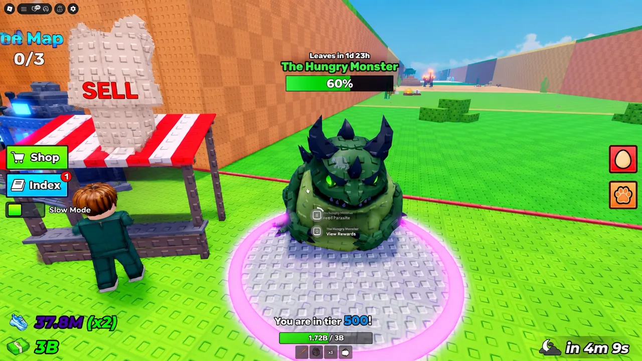 The Hungry Monster interaction showing the Feed Parasite prompt on screen