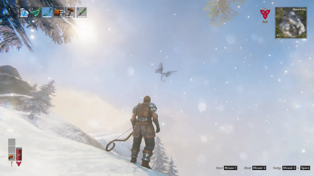 A Drake circling in the sky above a Valheim mountain peak