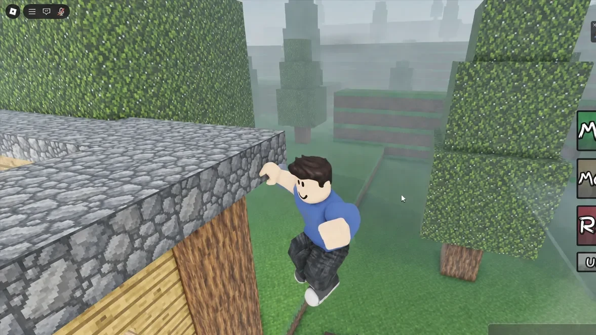 Avatar jumping up onto a cobblestone ledge while moving through the map