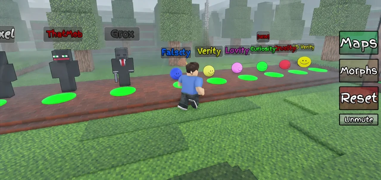 Morphs area in the lobby with labeled character pads ready to be selected