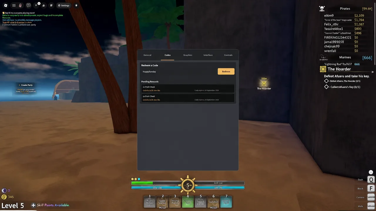 Redeem button highlighted in the Grand Blue Codes tab after typing a code into the entry field