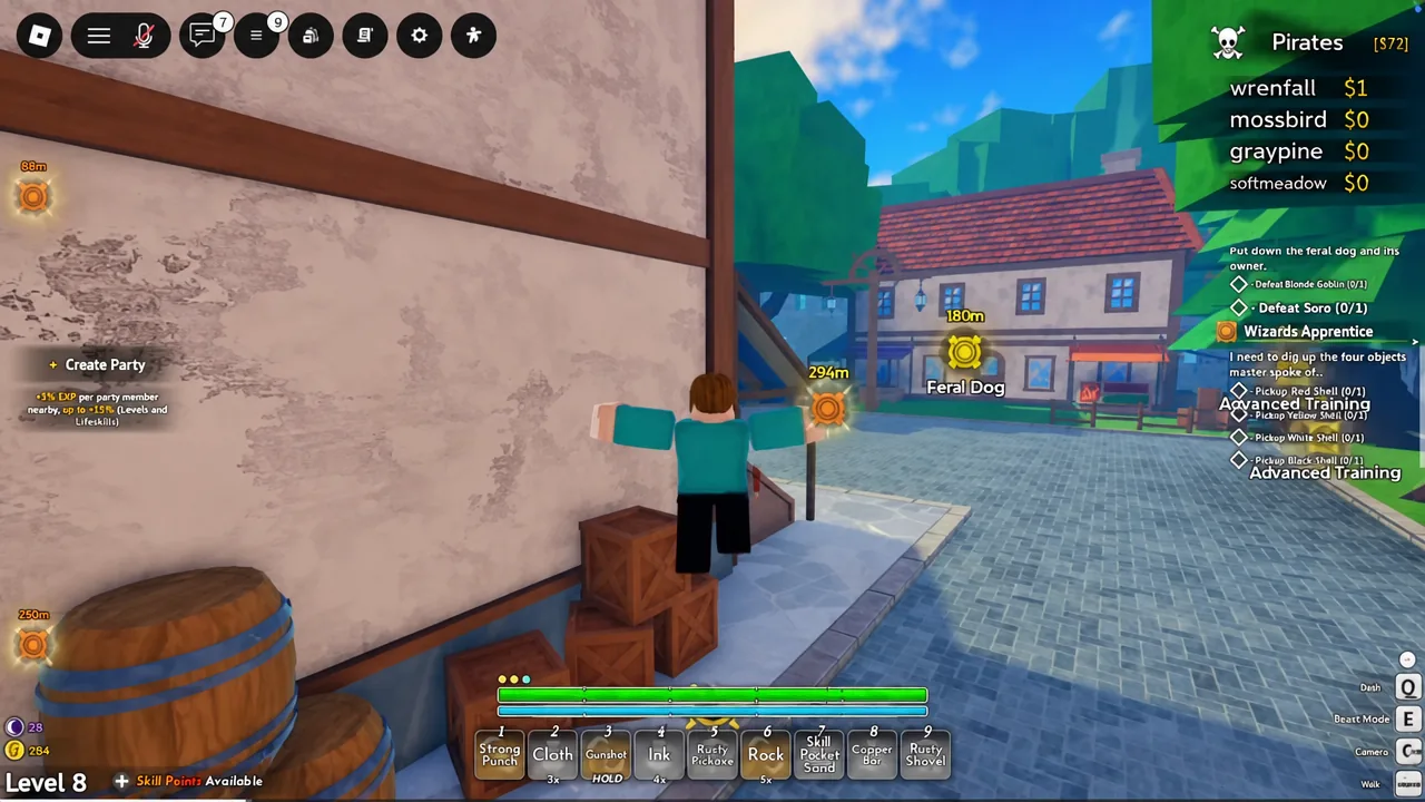 Player jumping across crates while exploring, with an objective tracker on screen.