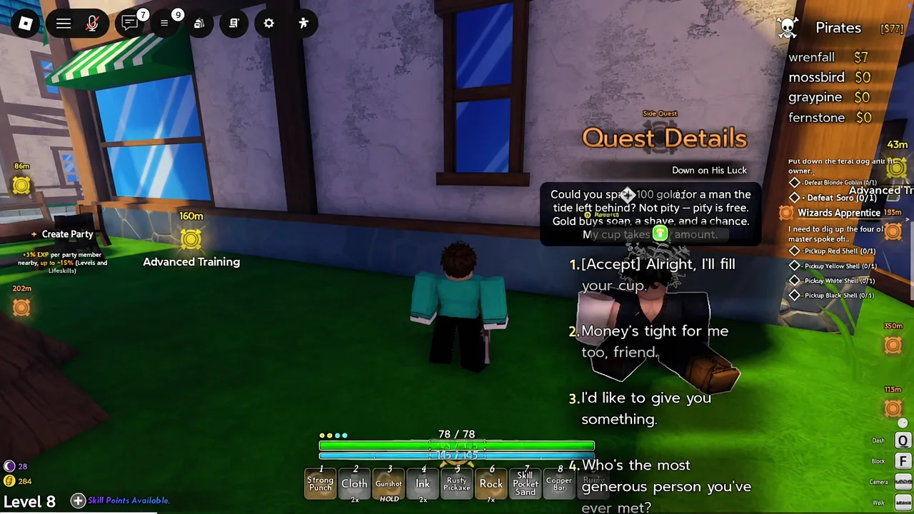 Quest Details dialogue box for the Down on His Luck NPC with an Accept response highlighted.