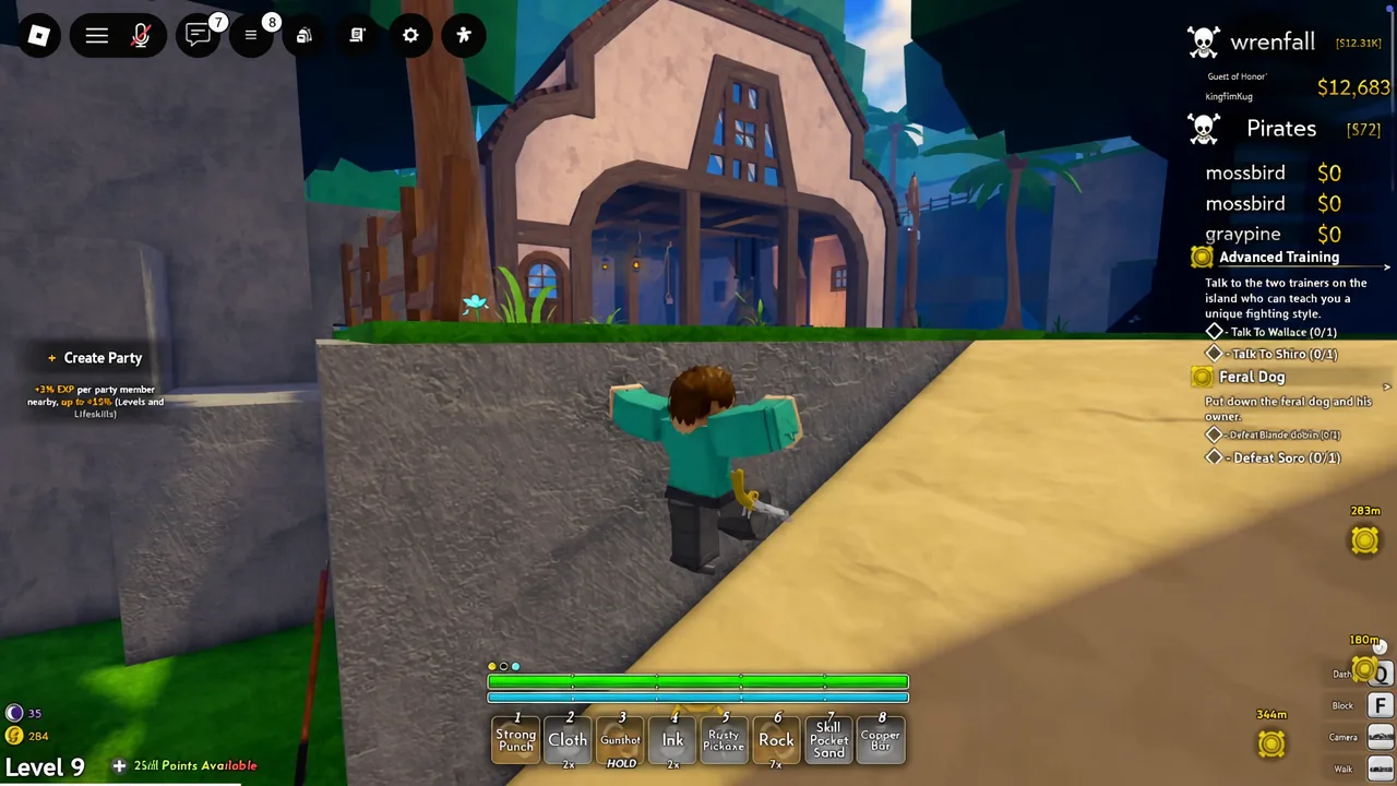 Grand Blue gameplay with the on-screen quest tracker while running through Anchor Town toward an NPC.