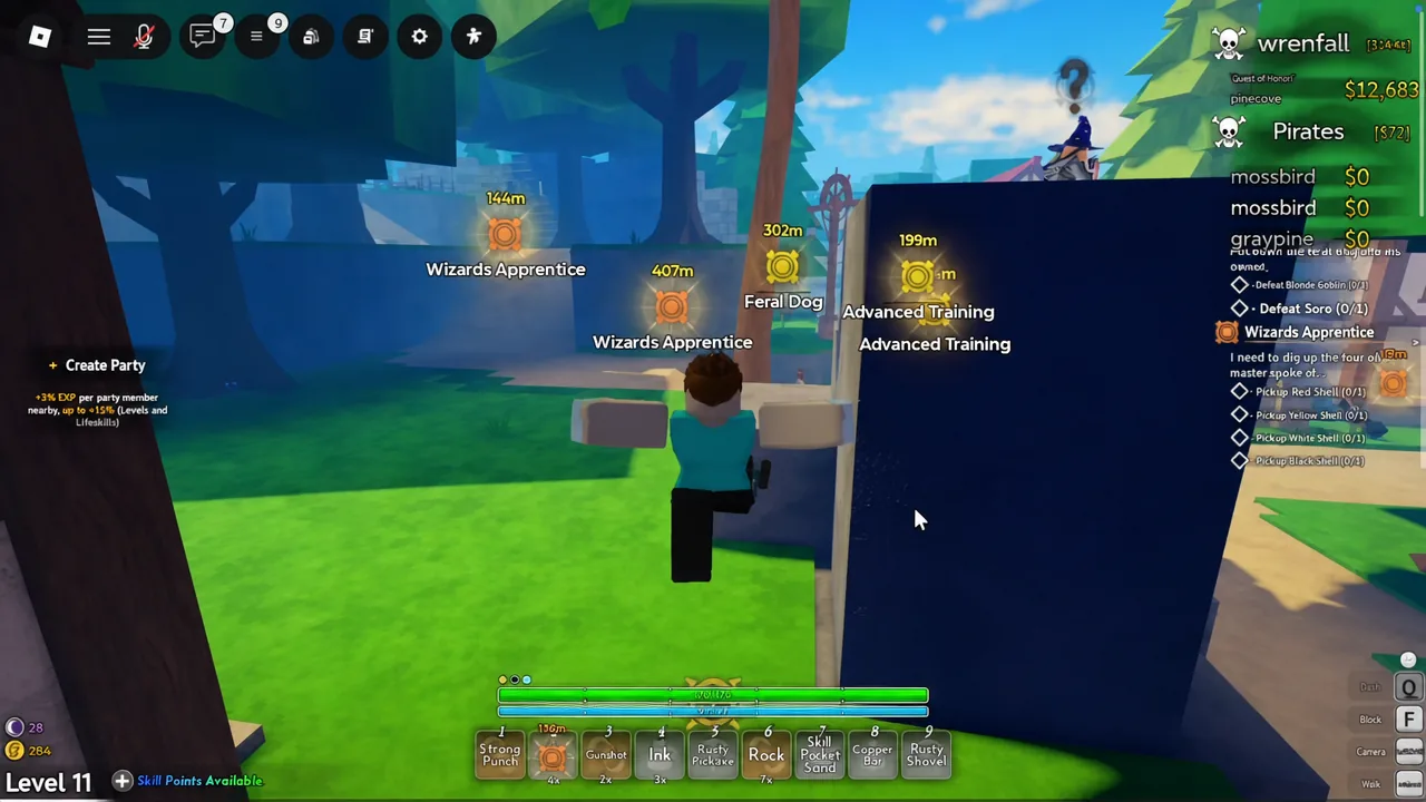 Player running toward a highlighted Wizards Apprentice waypoint marker in Grand Blue.