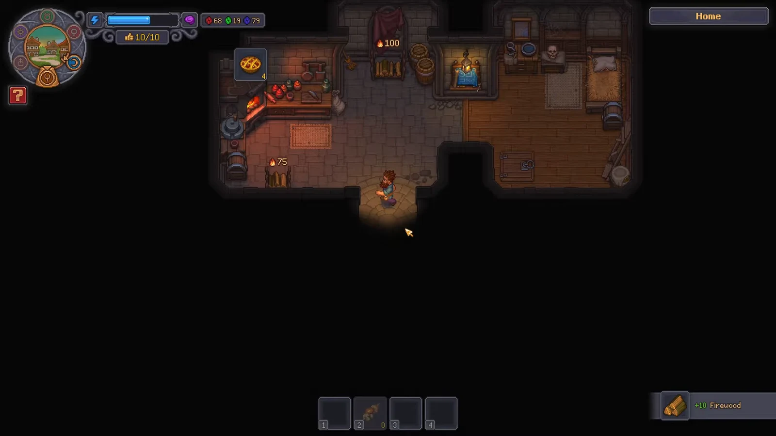 A plus ten Firewood pickup notification appears while adding stock indoors