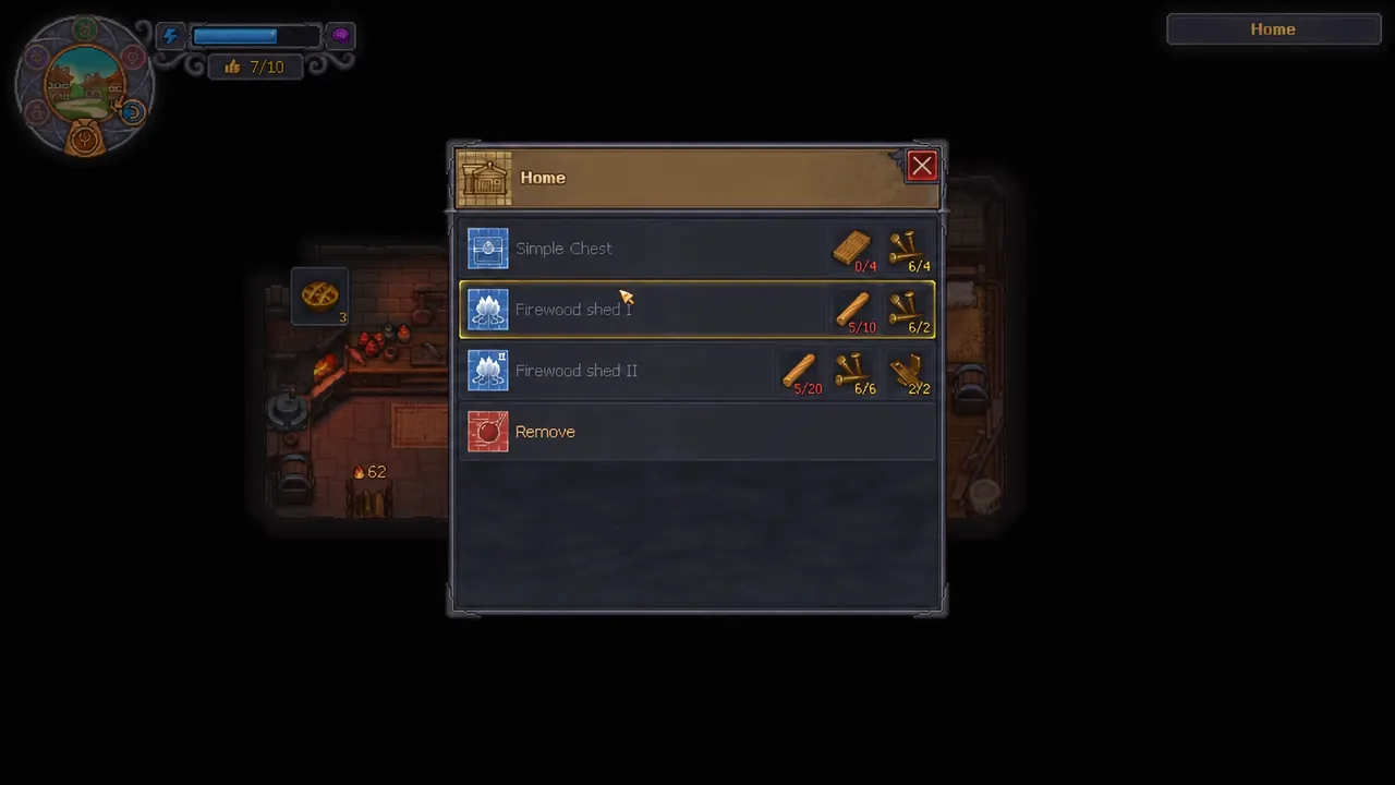 Home build menu with Firewood shed I selected during placement