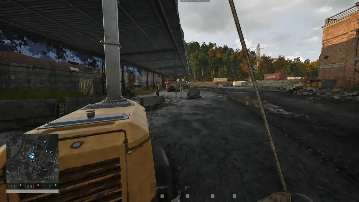 Walking past a yellow construction vehicle in the safe zone with the minimap showing the vendor