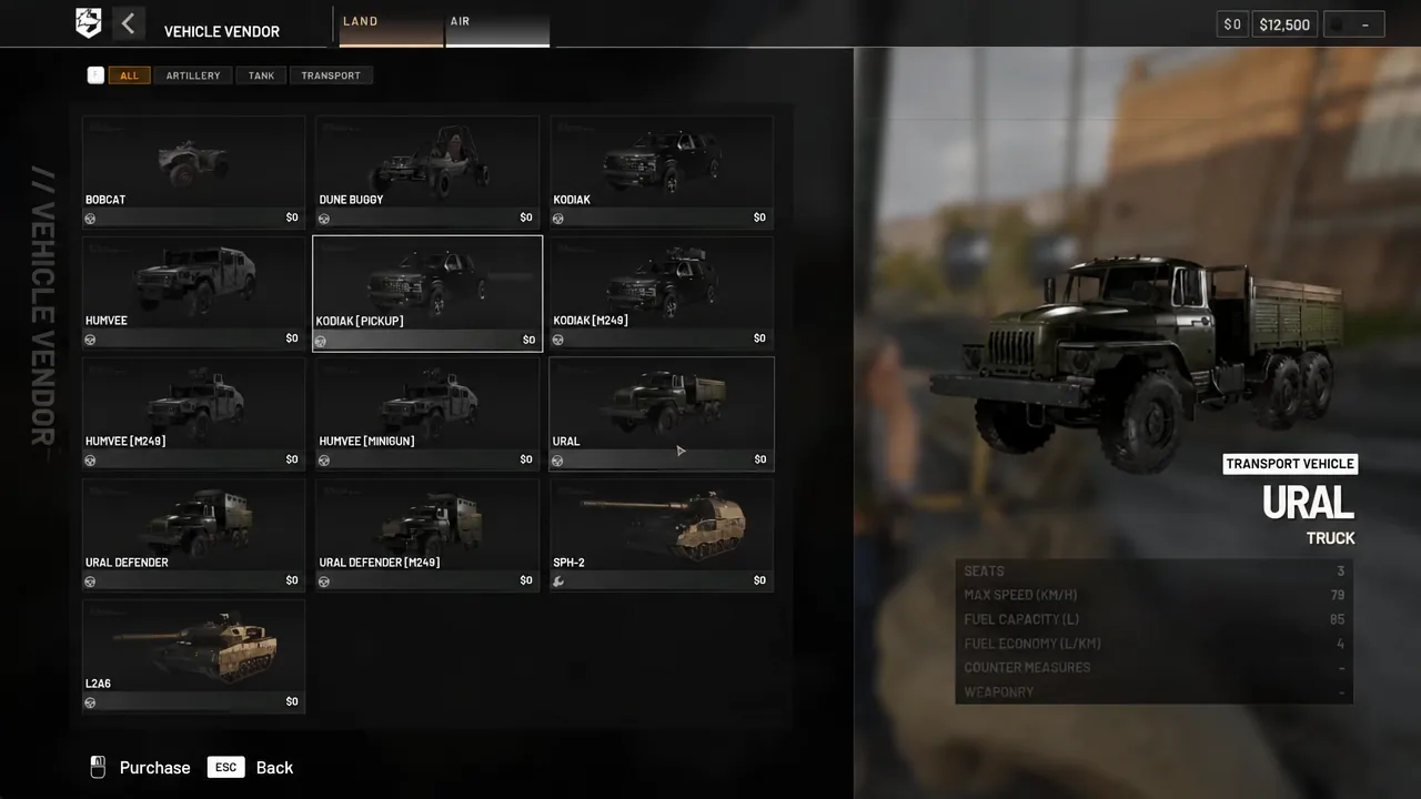 Vehicle Vendor purchase menu in Wardogs with the Ural transport highlighted in the list