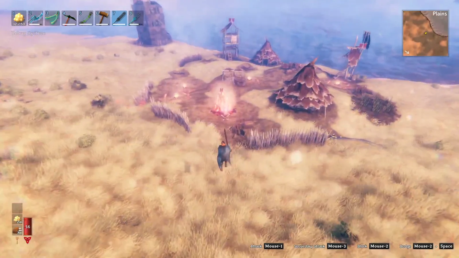 Approaching a lit campfire and huts in a Fuling settlement on the Plains in Valheim