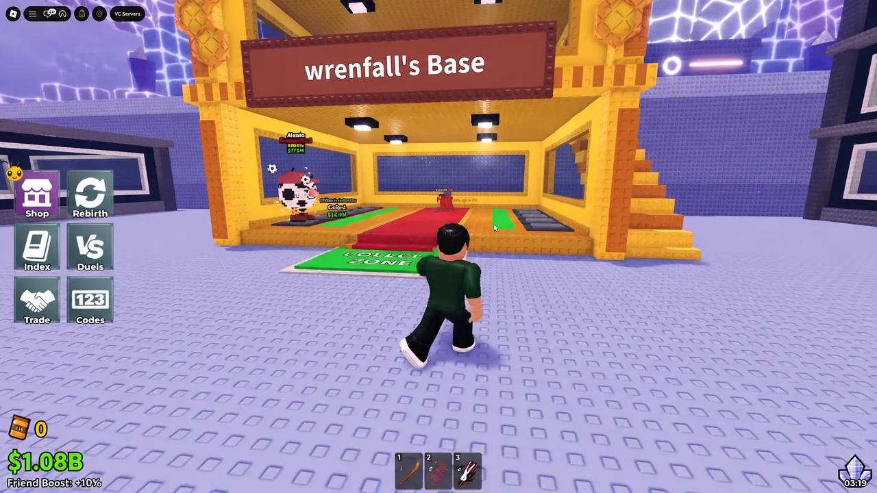 Player walking toward the green collect pad inside a base in Steal a Brainrot