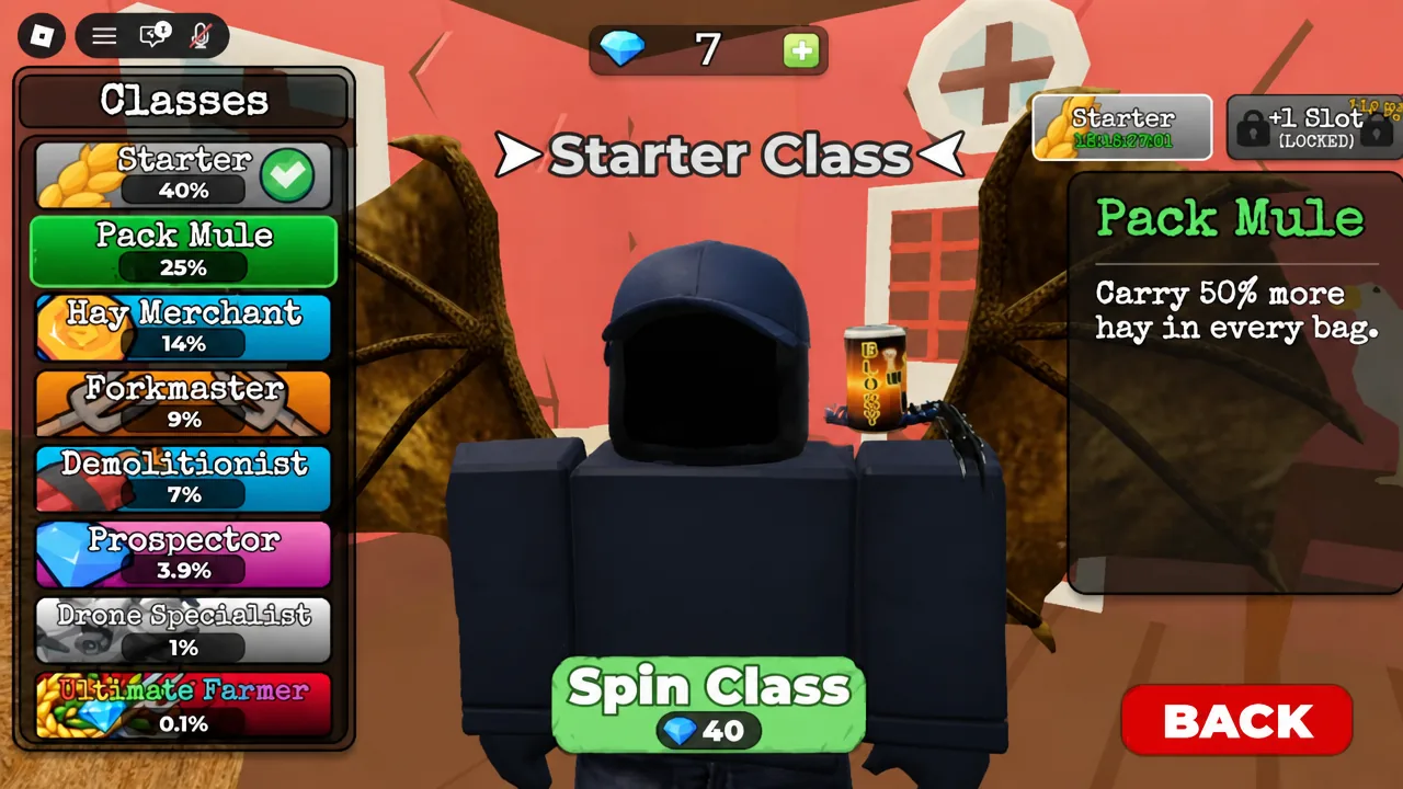 Classes menu in Search For The Needle with Pack Mule selected and the Spin Class button below
