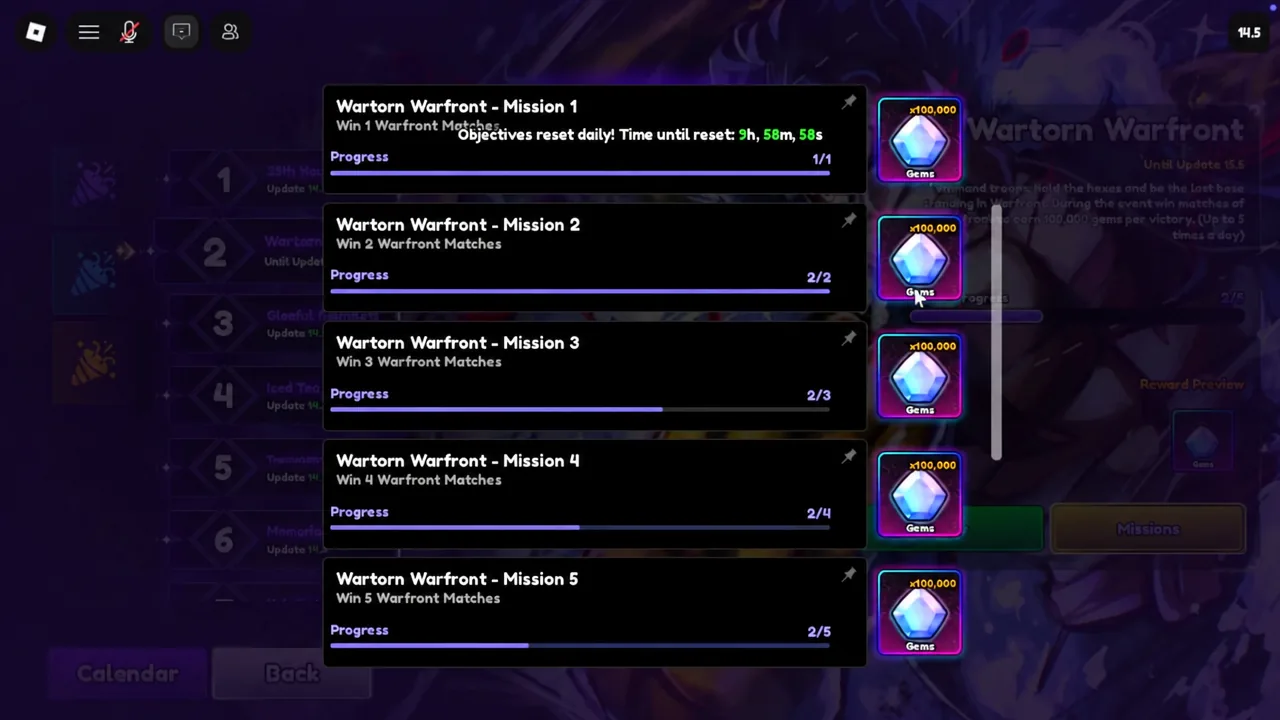 Wartorn Warfront mission list with Mission 3 sitting at 2 of 3 wins and Gem rewards shown
