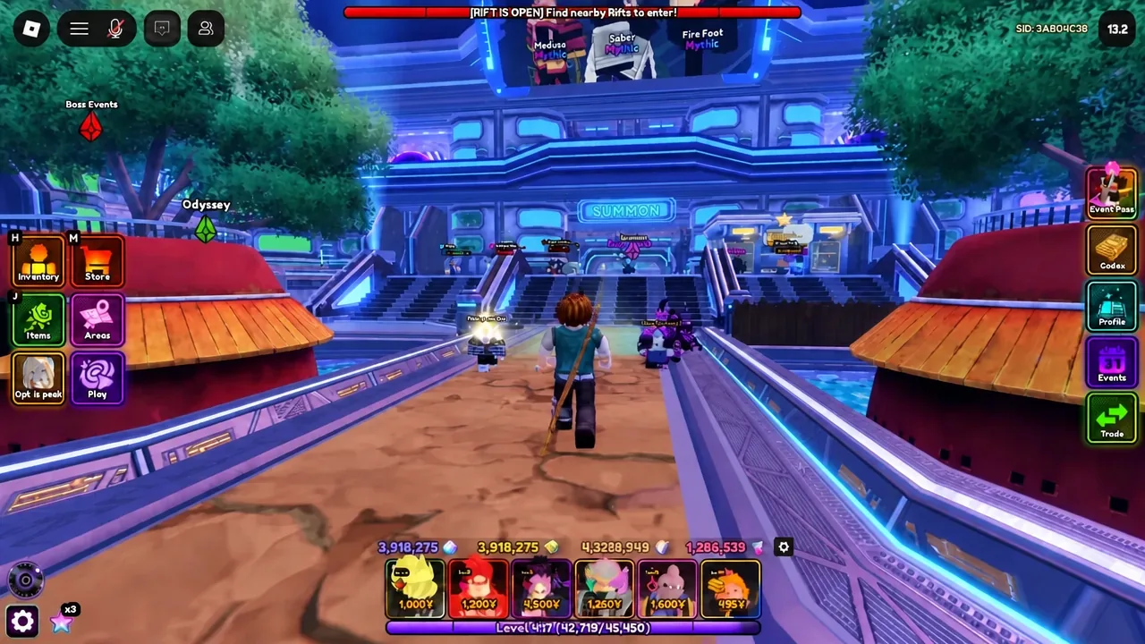 Player character walking through the Anime Vanguards lobby toward the central summon area