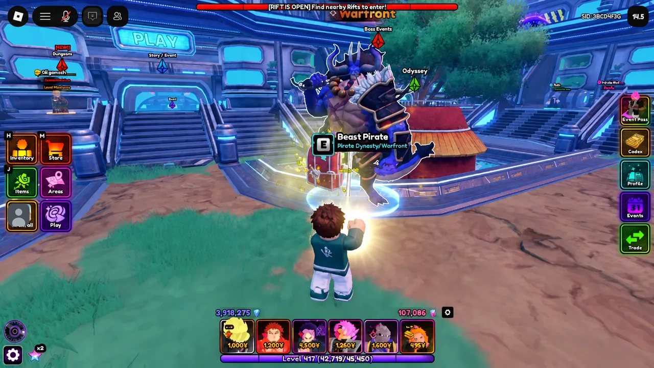 E interaction prompt highlighted next to the Beast Pirate NPC on the play screen