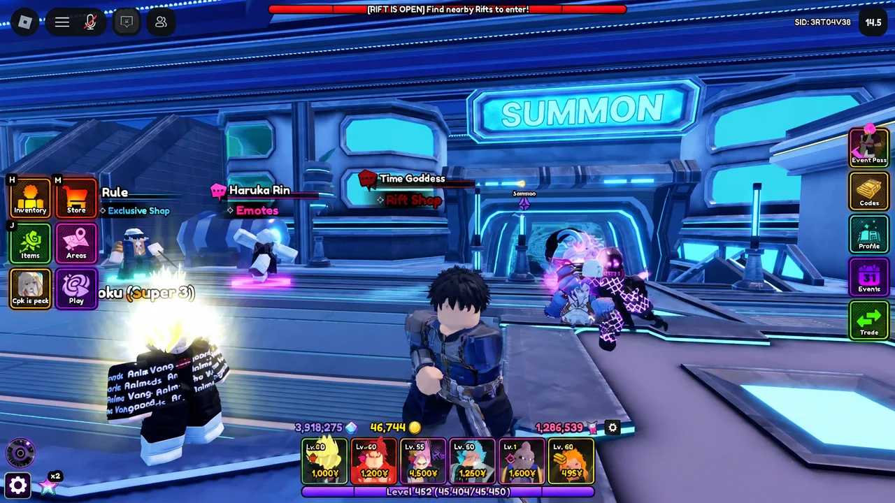 Anime Vanguards summon hub with the summon portal and player character on screen