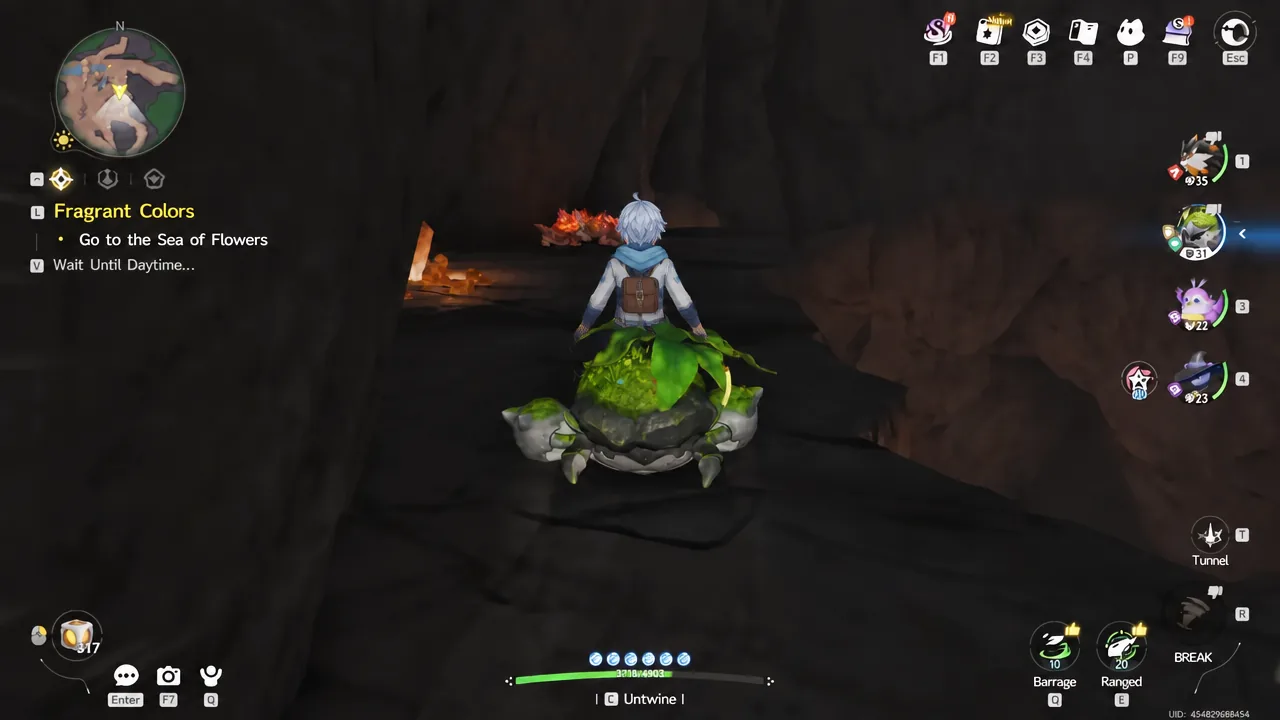 Riding through a cave tunnel toward the elevated section of the main chamber