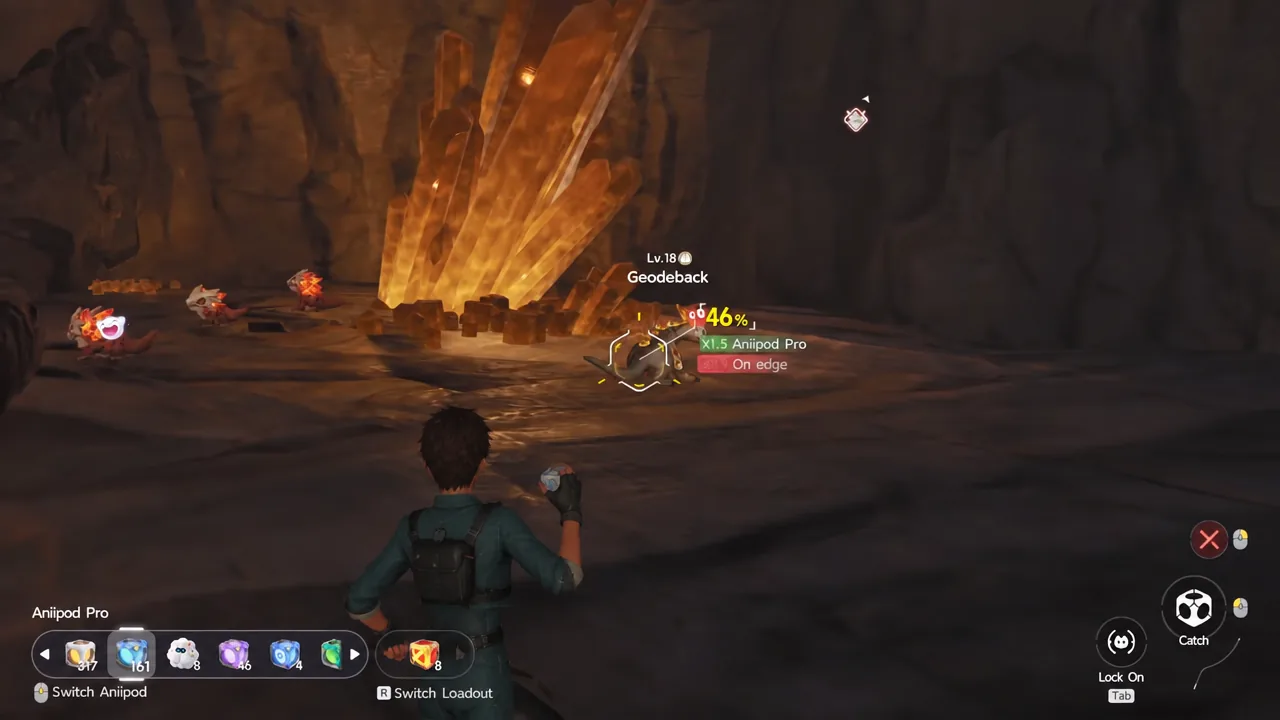 Aiming an Anipod Pro at the Lv. 18 Geodeback with the catch percentage displayed
