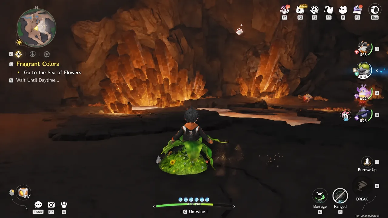 Cave interior with the Fragrant Colors quest tracker showing the Sea of Flowers objective