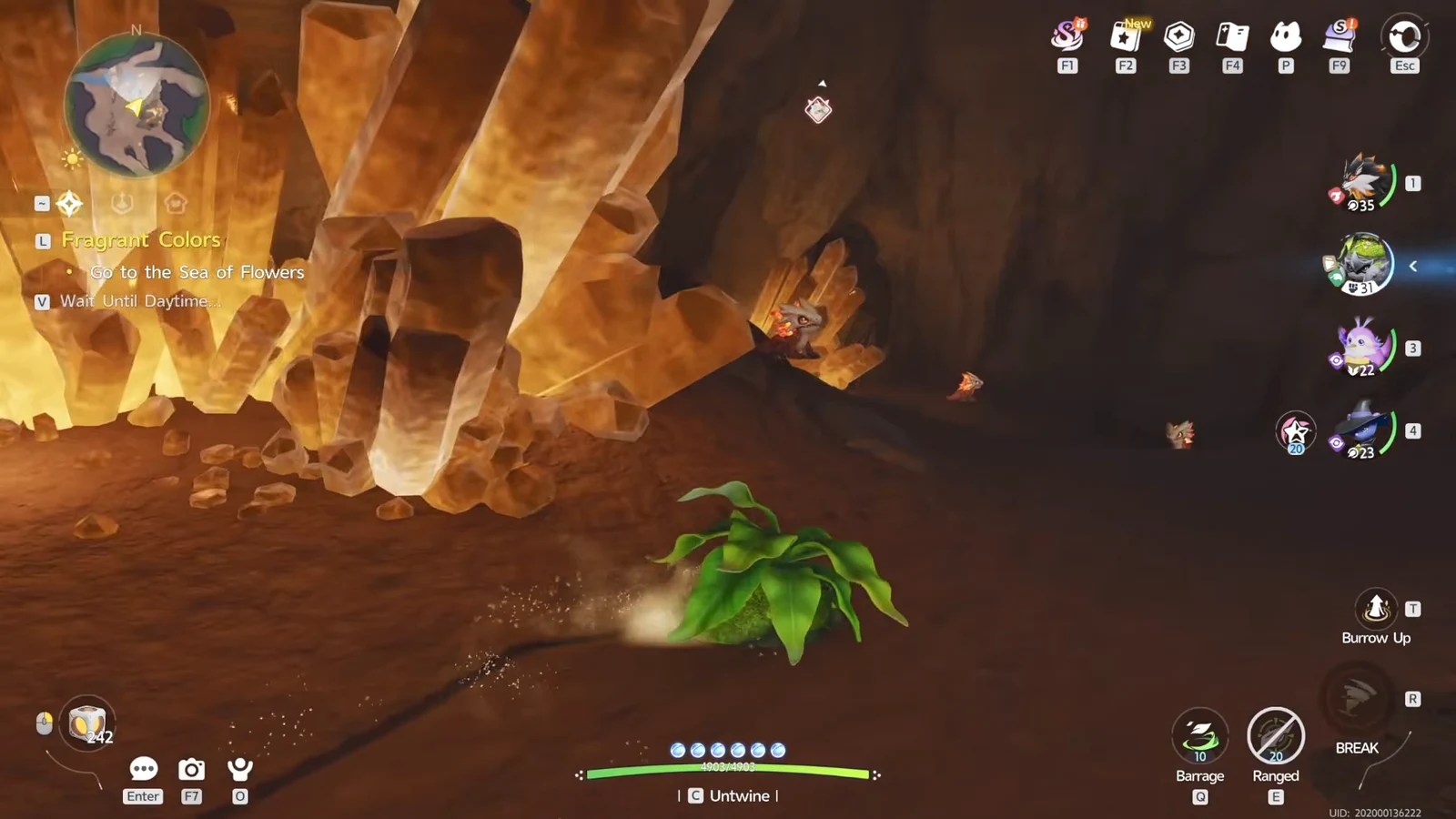 Player burrowed beneath the cave floor with the Burrow Up prompt bound to T