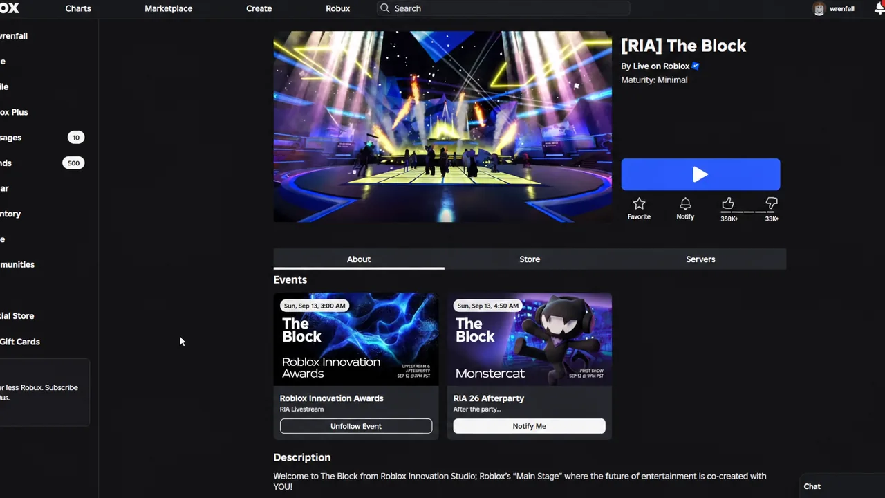 The Block experience page on Roblox with event cards listed under the About tab