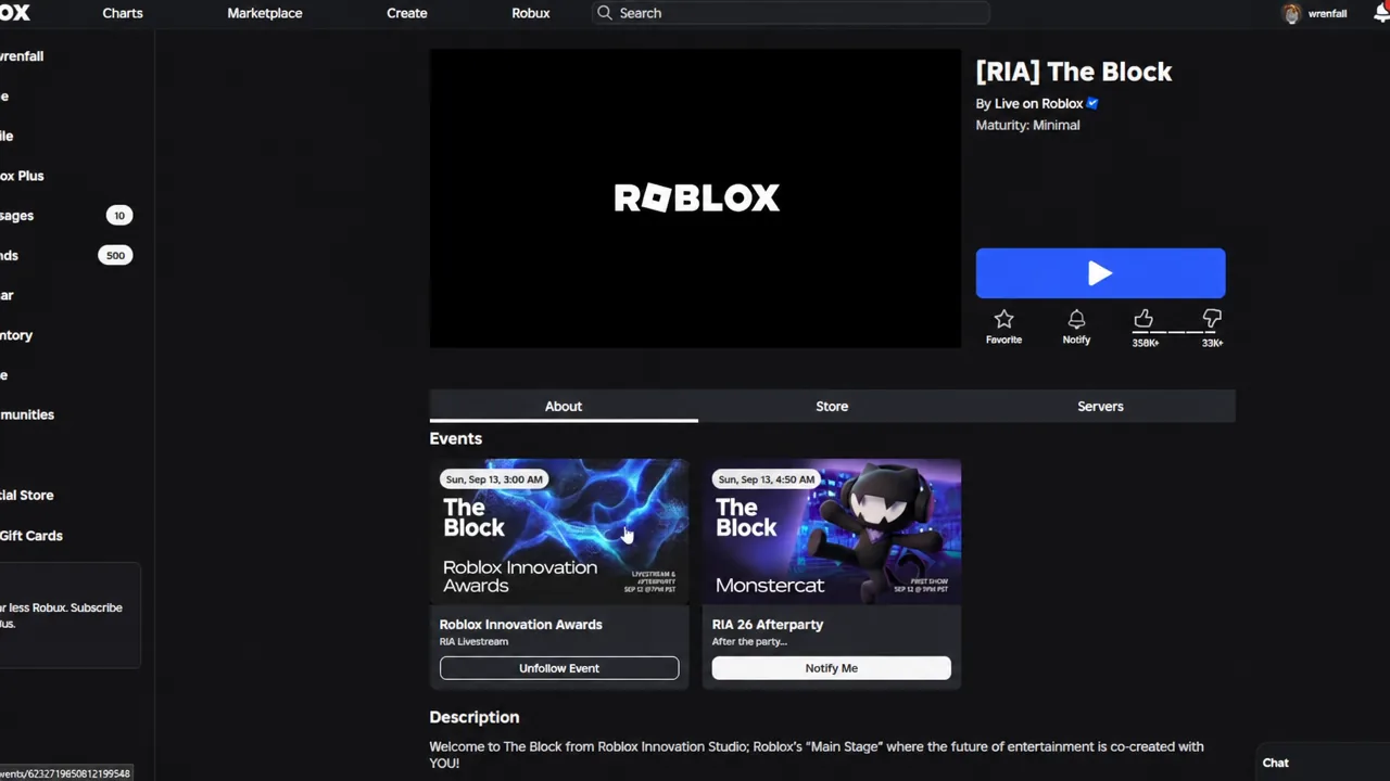 Blue Play button on the [RIA] The Block game page, ready to launch the event experience