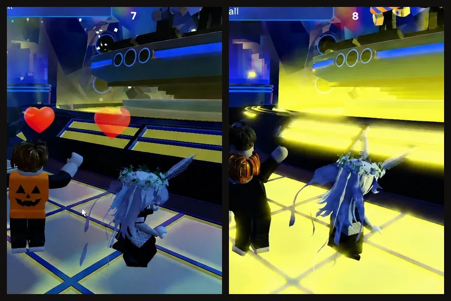 Two dance floor views side by side, one lit blue with the emote bar open and one lit bright yellow