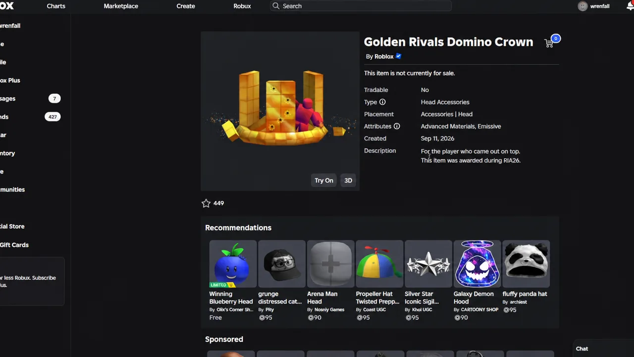 Roblox catalog page for the Golden Rivals Domino Crown with the Try On preview button