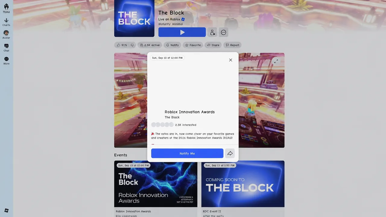 The Block experience page showing the Roblox Innovation Awards event panel and Notify Me button