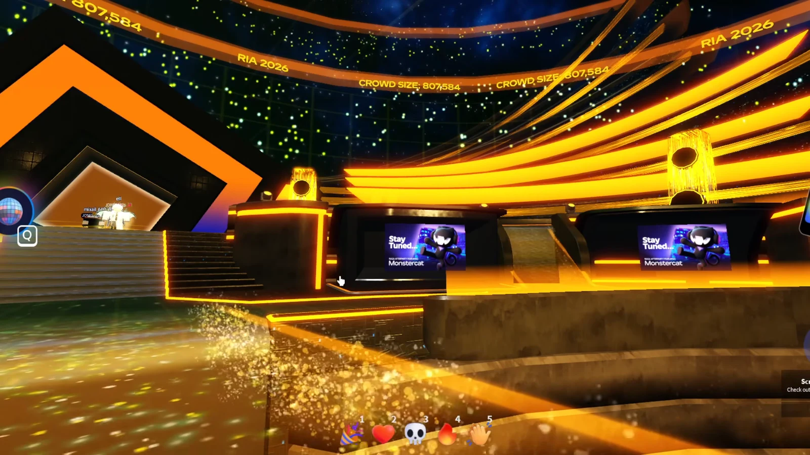 Player avatar exploring the RIA 2026 stage in The Block with the emote hotbar on screen