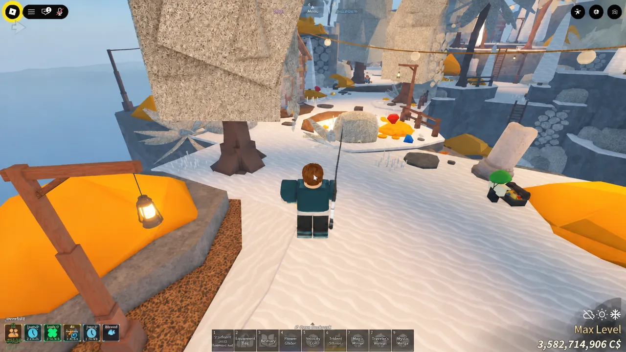 Player character standing in a camp area on Treasure Island near the bait vendor