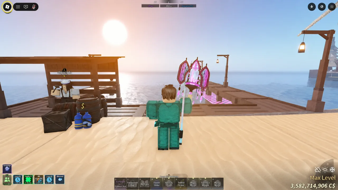 Player using the Traveler's Whistle to teleport to Treasure Island in Fisch