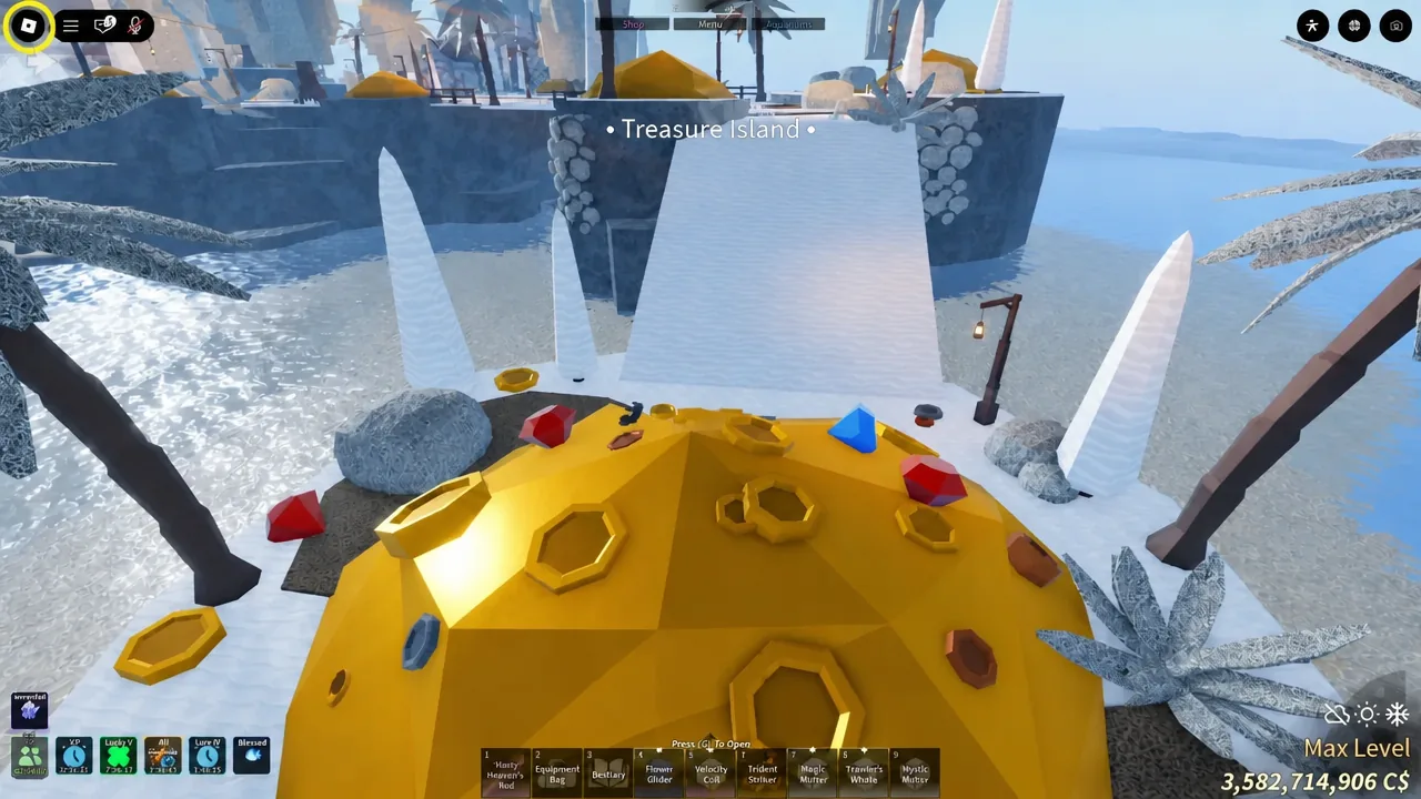 Treasure Island spawn point beside a large mound of gold treasure