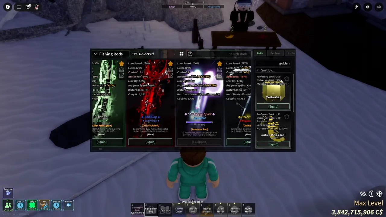 Baits tab open in the Fishing Rods menu with the Equip button highlighted