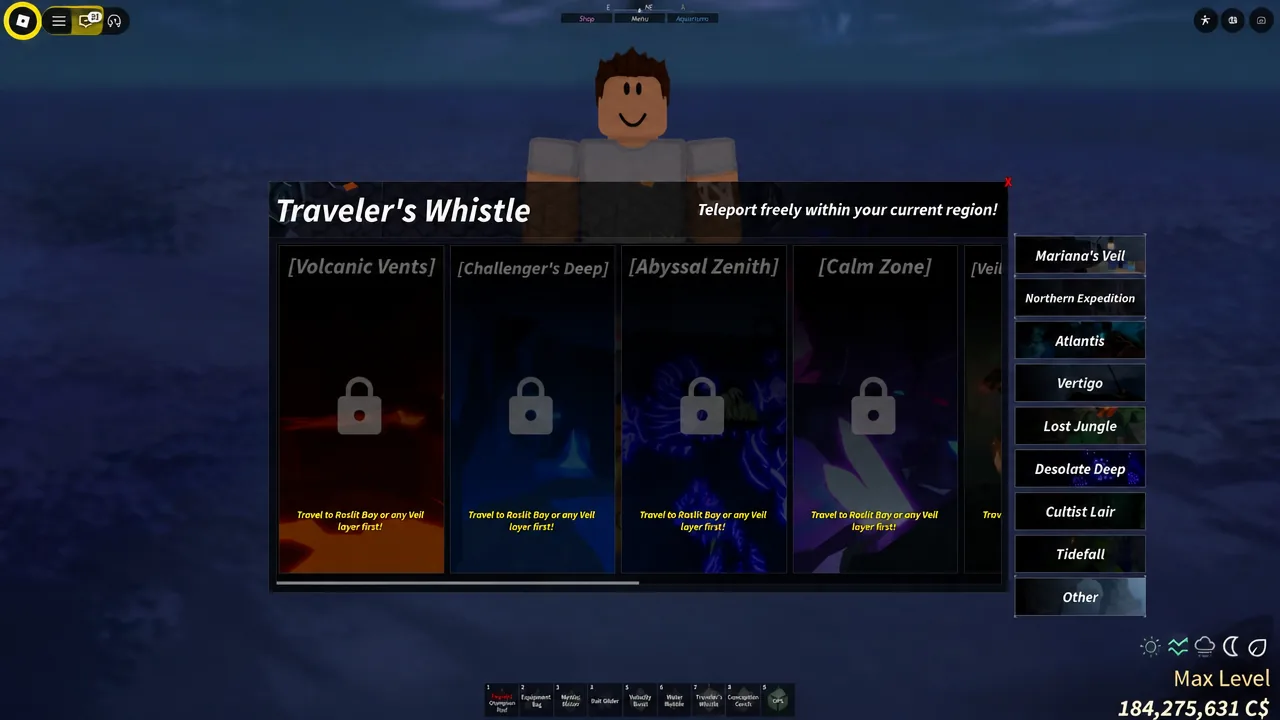 The Traveler's Whistle teleport menu open with regional destinations listed