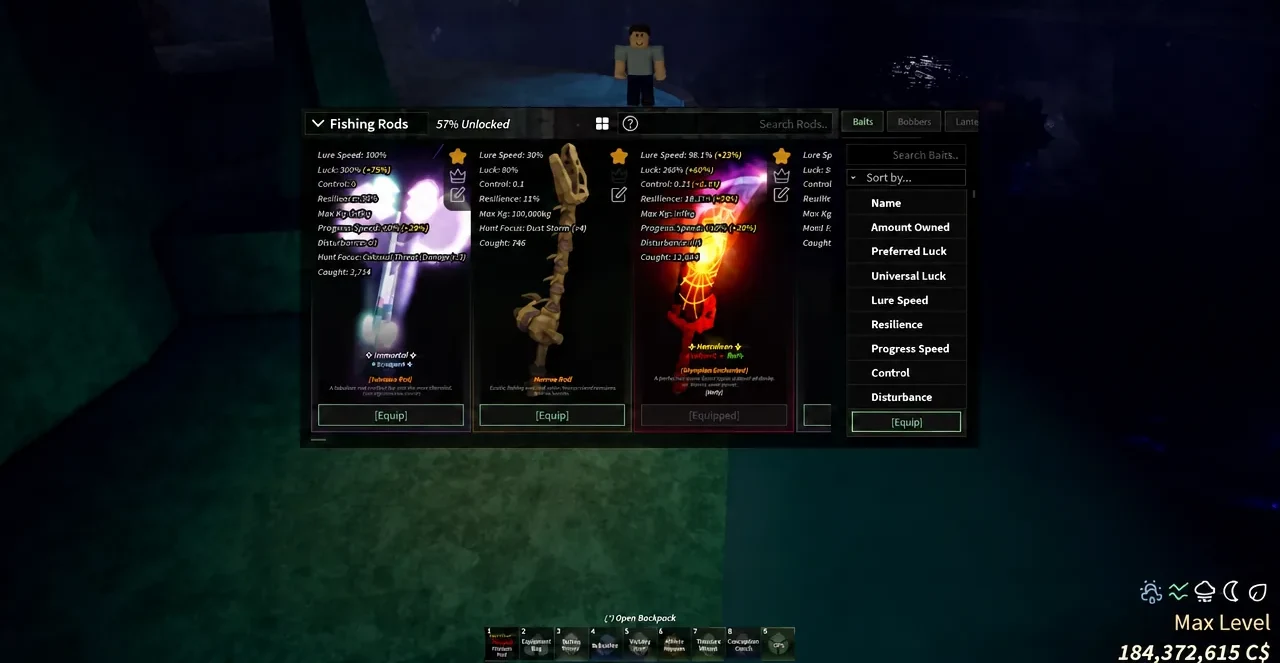Fishing Rods inventory screen with the Sort by dropdown open and Equip buttons visible