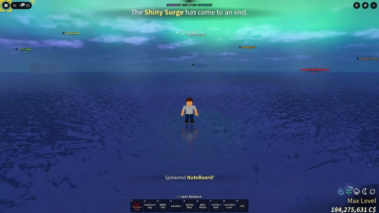 A board being spawned in the ocean water off Moosewood before the trip to Desolate Deep