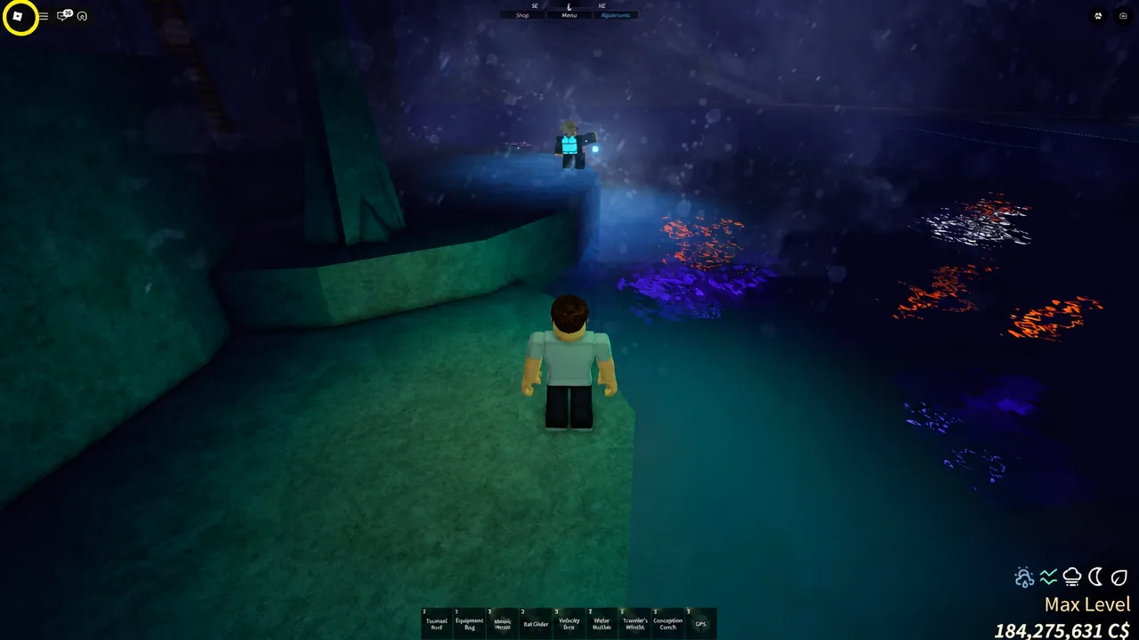 Avatar looking across an underwater ledge at a glowing creature in the water