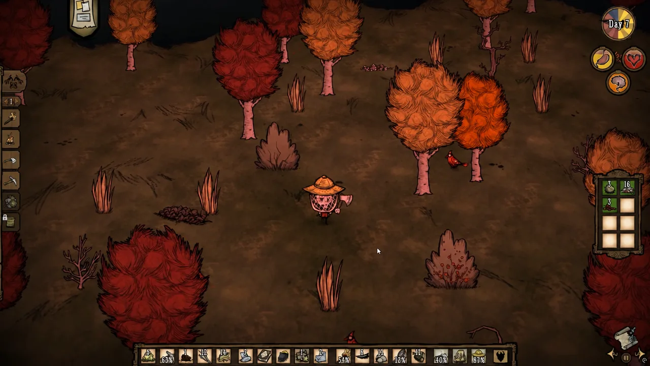 Survivor standing in a forest clearing with the crafting tabs, inventory bar and status meters on screen