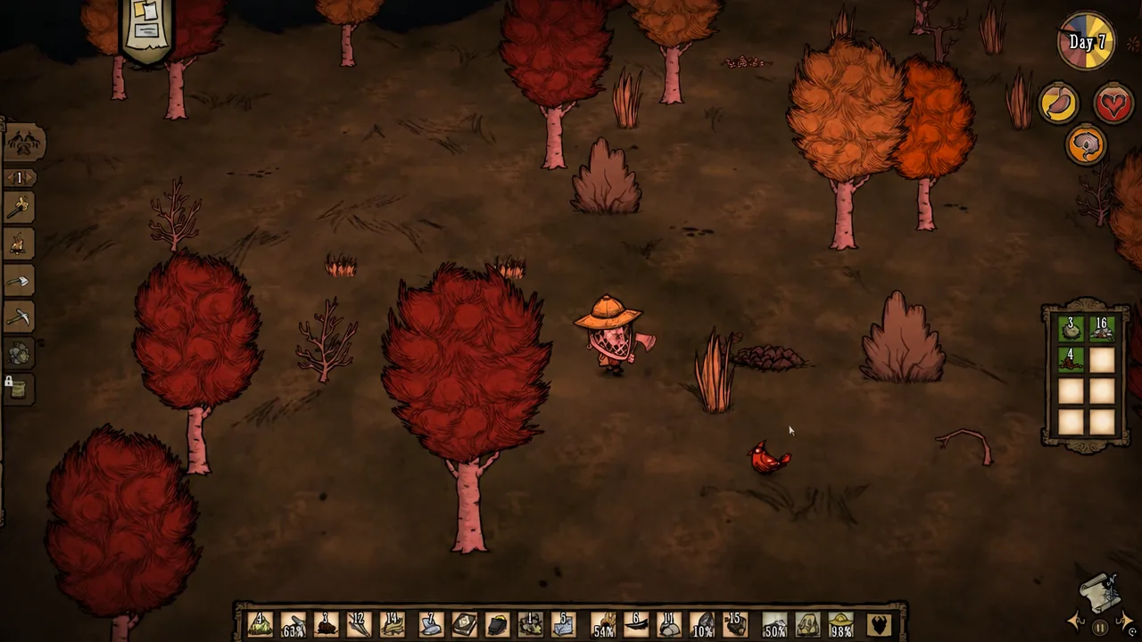 Survivor beside a redbird in open terrain with the day clock and inventory bar visible