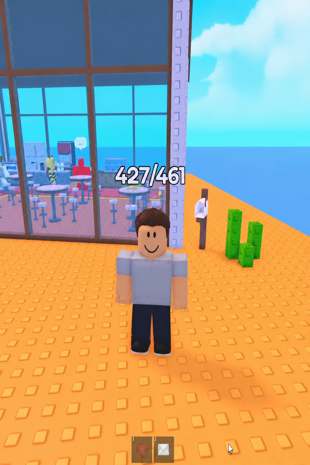 Avatar standing outside the glass diner with the mail item sitting in hotbar slot 2