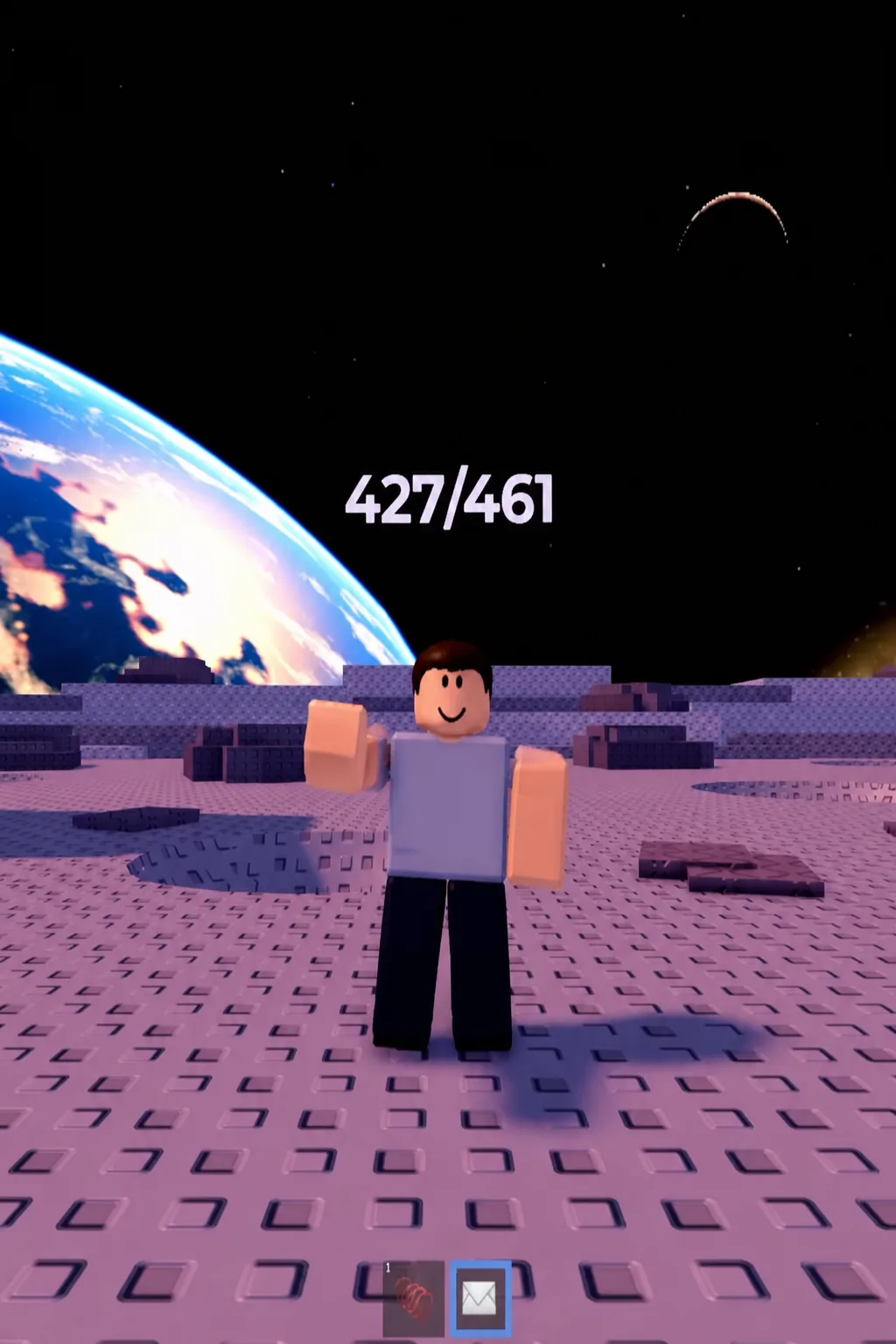Envelope item highlighted in the hotbar while the avatar stands on the moon