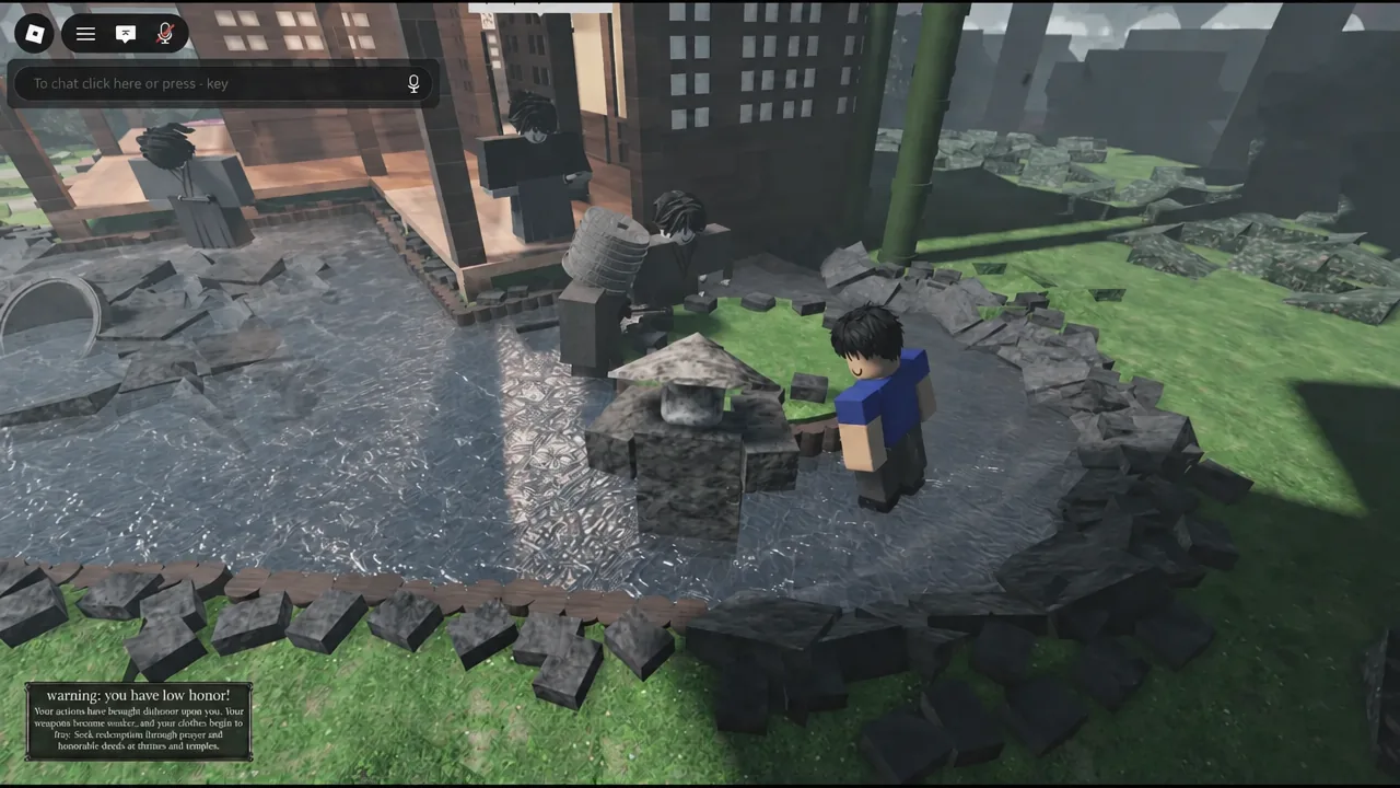 Low honor warning message on screen while the player stands among others in flooded ruins
