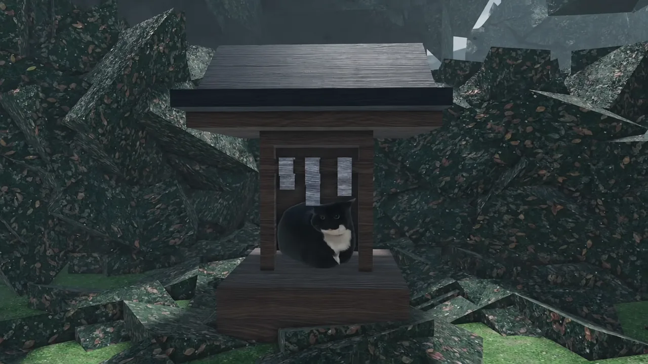 Overhead view of the mossy rock formations where the cat shrine sits in Bug Fixes