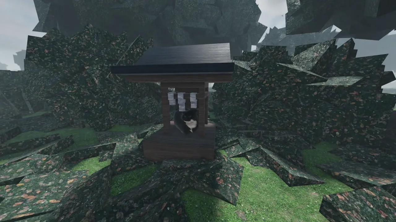 Player approaching the stone cat shrine on the hillside in Bug Fixes